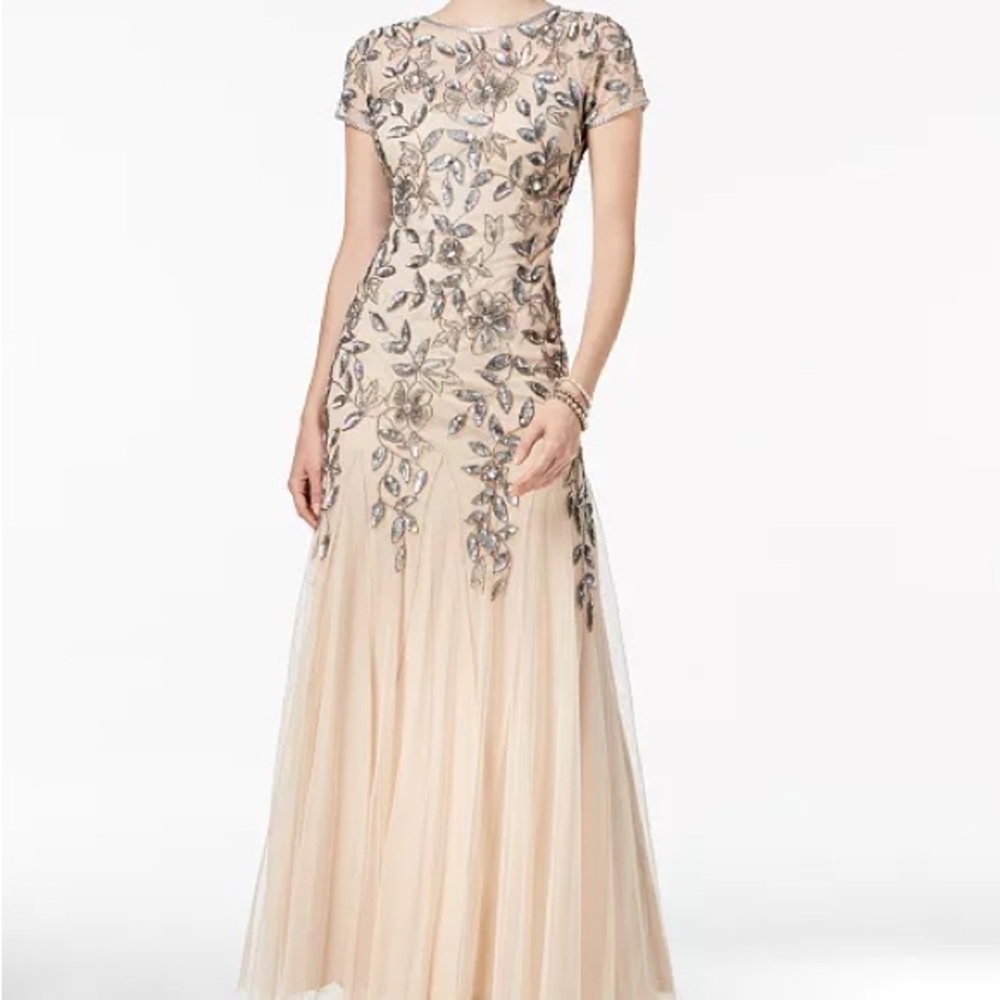 Adrianna Papell Embroidered Maxi Dress in Cream and Blue